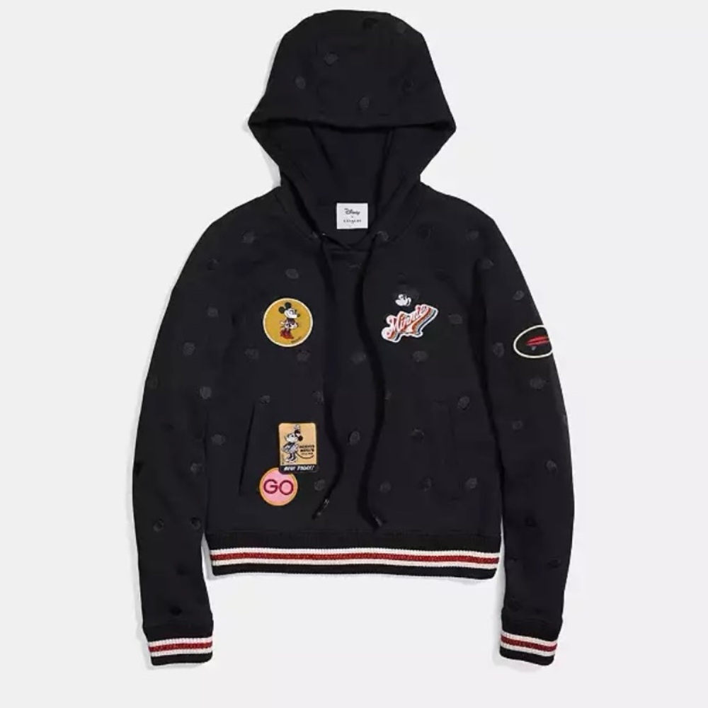 COACH x Disney collaboration.  Black “Minnie” Hoodie with with Vibrant Patches
